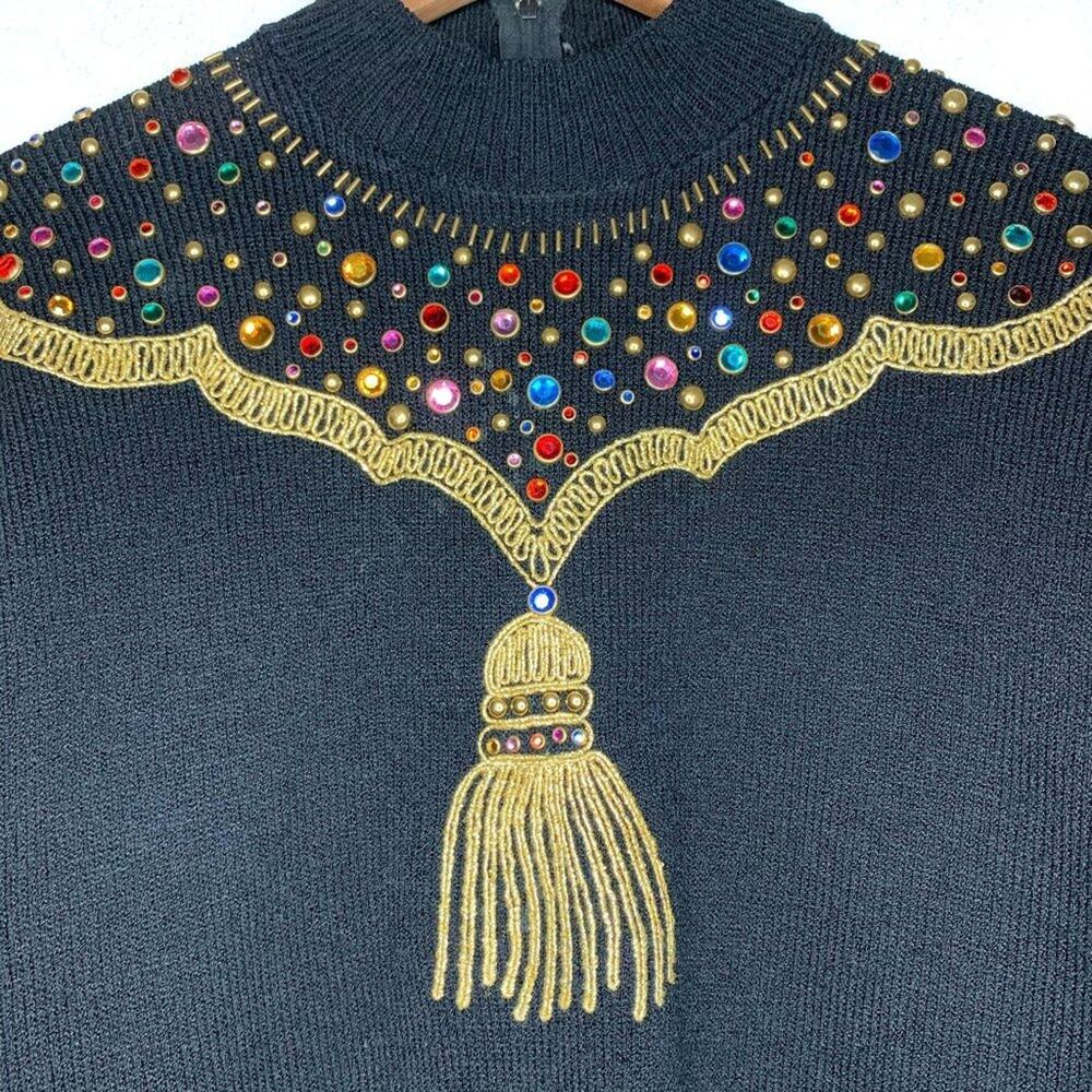Vintage 80s Antonella Preve NY Gold Tassel + Studs + Rhinestone Sweater Medium - Picture 12 of 16
